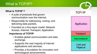 What is TCP/IP?
What is TCP/IP ?
• A suite of protocols that govern
communication over the internet.
• Responsible for addressing, routing, and
delivering data packets.
• Founded on a four-layer model: Network
Access, Internet, Transport, Application.
Importance of TCP/IP
• Enables global communication and data
exchange.
• Supports the vast majority of internet
applications and services.
• Provides a foundation for innovation and
technological advancements.
 