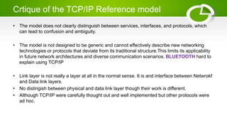 Crtique of the TCP/IP Reference model
• The model does not clearly distinguish between services, interfaces, and protocols, which
can lead to confusion and ambiguity.
• The model is not designed to be generic and cannot effectively describe new networking
technologies or protocols that deviate from its traditional structure.This limits its applicability
in future network architectures and diverse communication scenarios. BLUETOOTH hard to
explain using TCP/IP
• Link layer is not really a layer at all in the normal sense. It is and interface between Netwrokf
and Data link layers.
• No distingish between physical and data link layer though their work is different.
• Although TCP/IP were carefully thought out and well implemented but other protocols were
ad hoc.
 