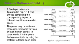 Network Software (Contd…)
• A five-layer network is
illustrated in Fig. 1-13. The
entities comprising the
corresponding layers on
different machines are called
peers.
• The peers may be software
processes, hardware devices,
or even human beings. In
other words, it is the peers
that communicate by using the
protocol to talk to each other.
 