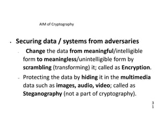 3
1
AIM of Cryptography
• Securing data / systems from adversaries
– Change the data from meaningful/intelligible
form to meaningless/unintelligible form by
scrambling (transforming) it; called as Encryption.
– Protecting the data by hiding it in the multimedia
data such as images, audio, video; called as
Steganography (not a part of cryptography).
 