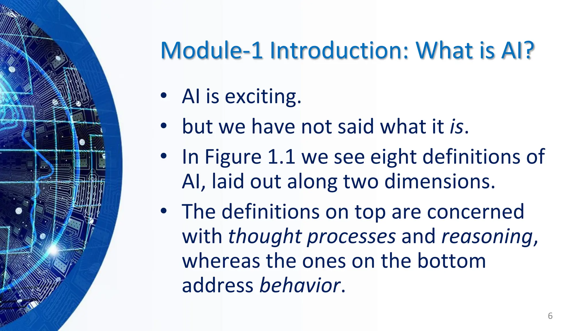 Module-1 Introduction: What is AI?
• AI is exciting.
• but we have not said what it is.
• In Figure 1.1 we see eight definitions of
AI, laid out along two dimensions.
• The definitions on top are concerned
with thought processes and reasoning,
whereas the ones on the bottom
address behavior.
6
 