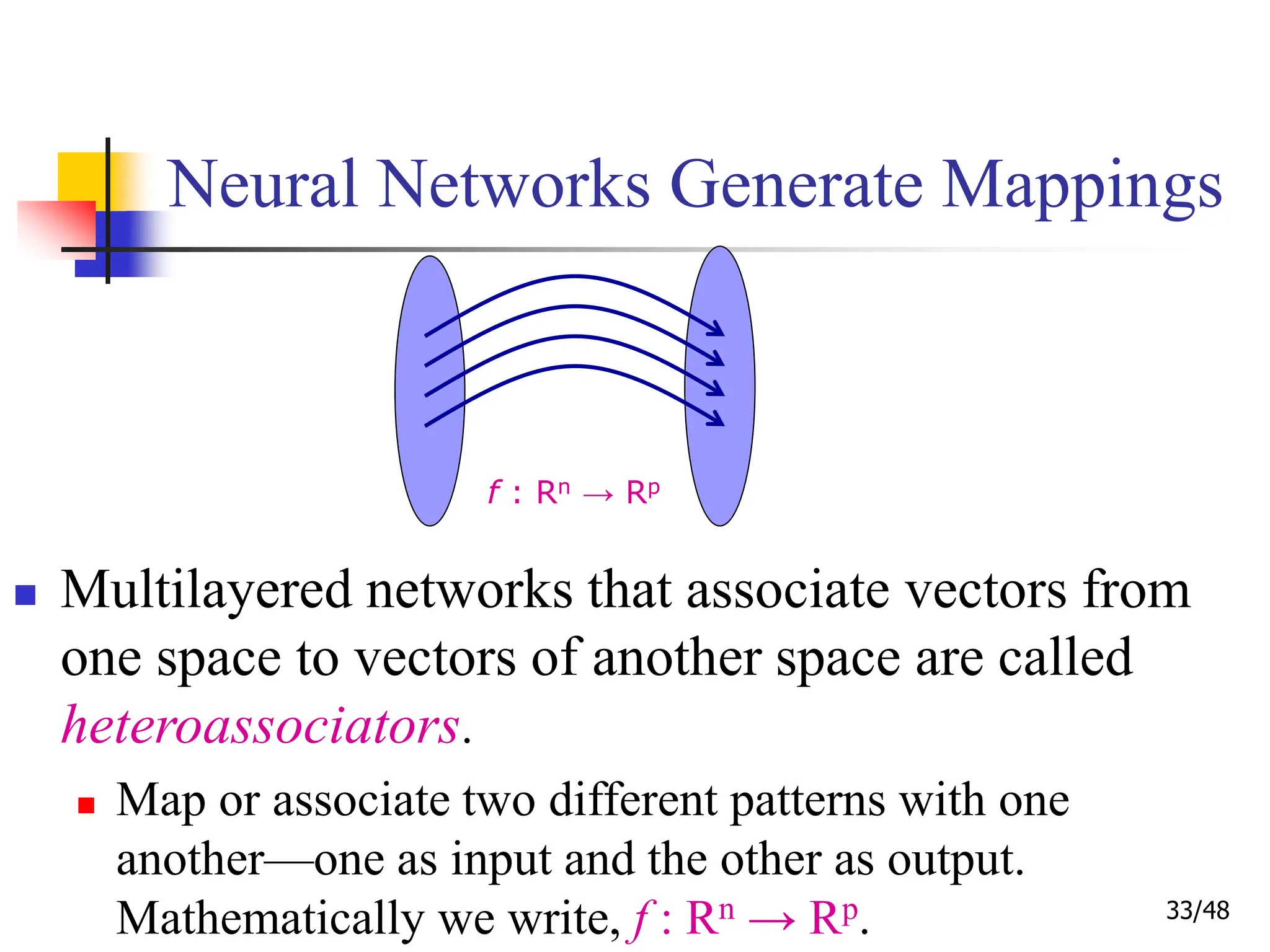 33/48
Neural Networks Generate Mappings
 Multilayered networks that associate vectors from
one space to vectors of another space are called
heteroassociators.
 Map or associate two different patterns with one
another—one as input and the other as output.
Mathematically we write, f : Rn → Rp.
f : Rn → Rp
 
