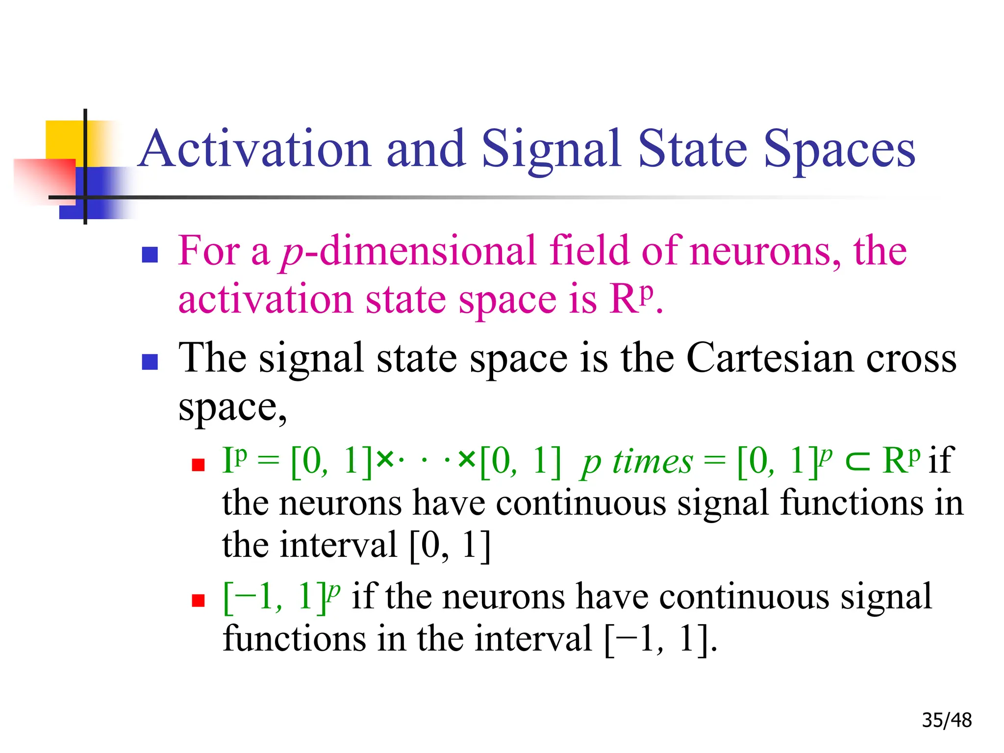 35/48
Activation and Signal State Spaces
 For a p-dimensional field of neurons, the
activation state space is Rp.
 The signal state space is the Cartesian cross
space,
 Ip = [0, 1]×· · ·×[0, 1] p times = [0, 1]p ⊂ Rp if
the neurons have continuous signal functions in
the interval [0, 1]
 [−1, 1]p if the neurons have continuous signal
functions in the interval [−1, 1].
 