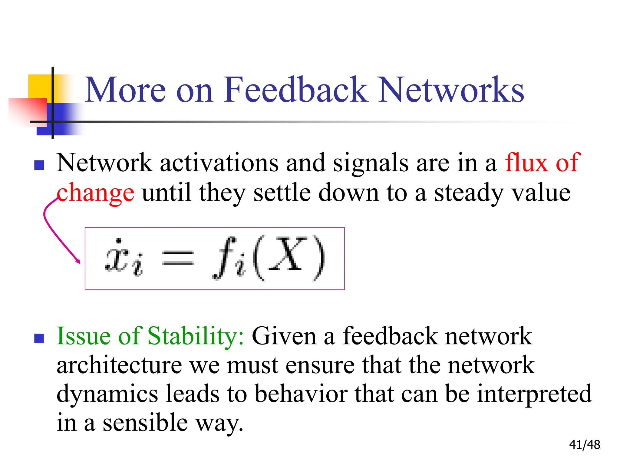 41/48
More on Feedback Networks
 Network activations and signals are in a flux of
change until they settle down to a steady value
 Issue of Stability: Given a feedback network
architecture we must ensure that the network
dynamics leads to behavior that can be interpreted
in a sensible way.
 