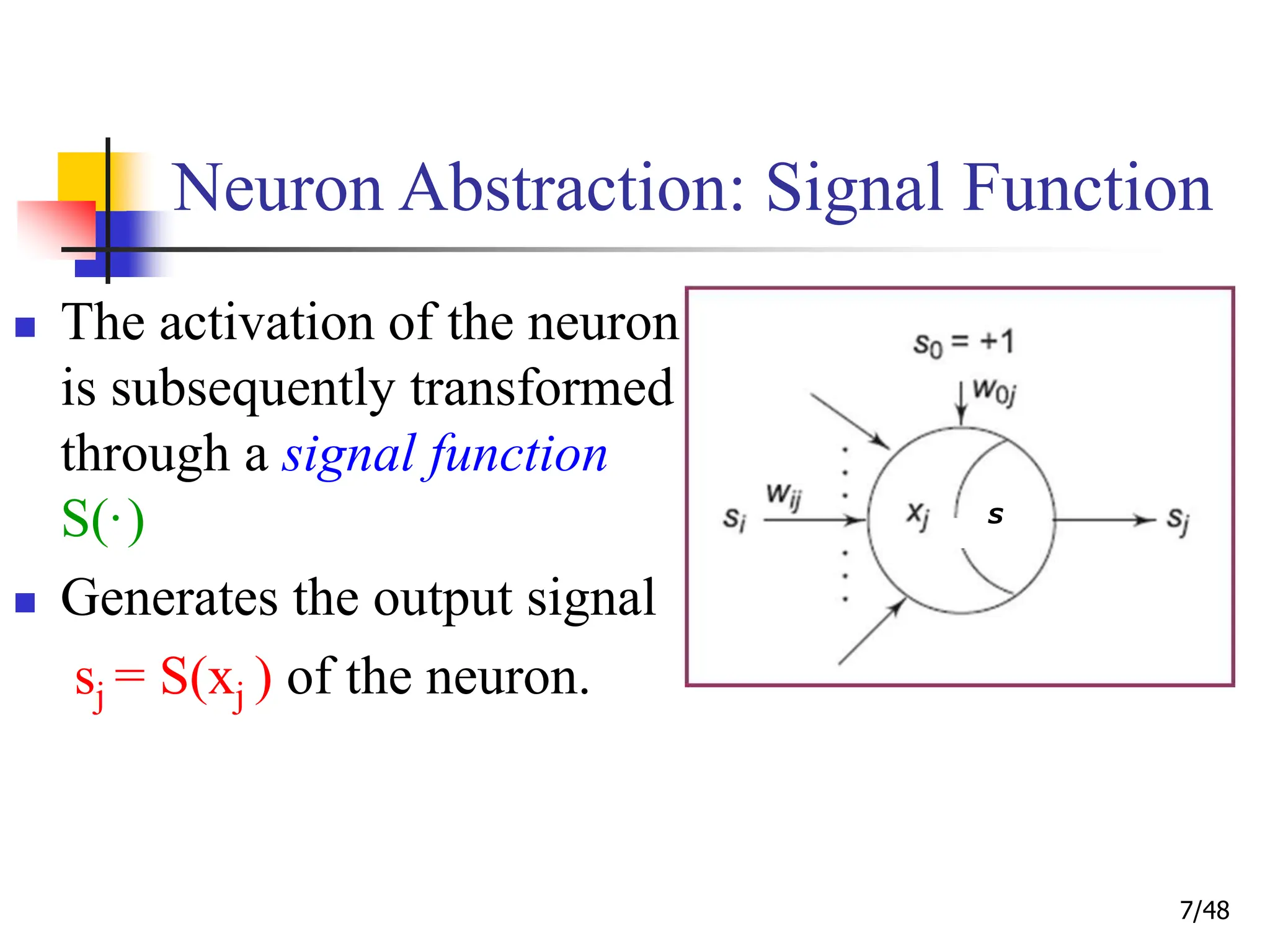 7/48
Neuron Abstraction: Signal Function
 The activation of the neuron
is subsequently transformed
through a signal function
S(·)
 Generates the output signal
sj = S(xj ) of the neuron.
S
 