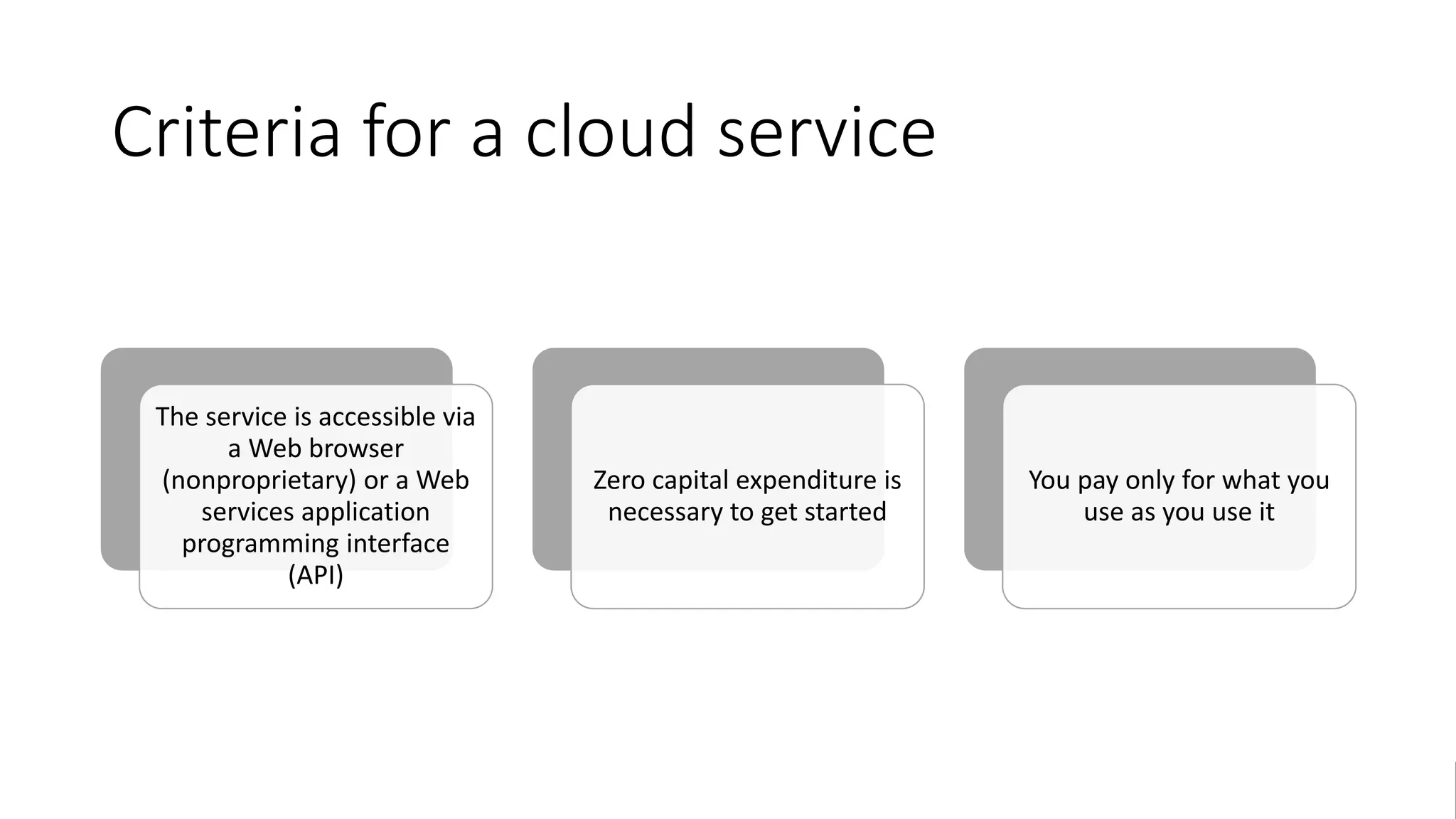 Criteria for a cloud service
The service is accessible via
a Web browser
(nonproprietary) or a Web
services application
programming interface
(API)
Zero capital expenditure is
necessary to get started
You pay only for what you
use as you use it
 
