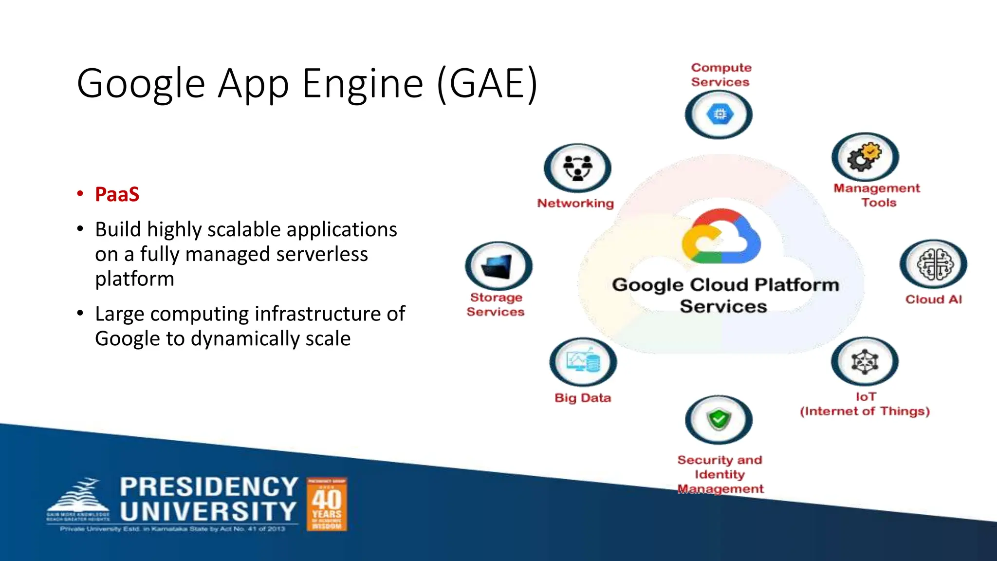 Google App Engine (GAE)
• PaaS
• Build highly scalable applications
on a fully managed serverless
platform
• Large computing infrastructure of
Google to dynamically scale
 