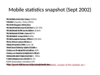 Mobile statistics snapshot (Sept 2002)
•Total Global Mobile Users
• 869m
•Total Analogue Users 71m
•Total US Mobile users 145m
•Total Global GSM users 680m
•Total Global CDMA Users 127m
•Total TDMA users 84m
•Total European users 283m
•Total African users 18.5m
•Total 3G users 130m
•Total South African users 13.2m
•European Prepaid Penetration 63%
•European Mobile Penetration 70.2%
•Global Phone Shipments 2001 393m
•Global Phone Sales 2Q02 96.7m
•http://www.cellular.co.za/stats/stats-main.htm
•#1 Mobile Country China (139m)
•#1 GSM Country China (99m)
•#1 SMS Country Philipines
•#1 Handset Vendor 2Q02 Nokia (37.2%)
•#1 Network In Africa Vodacom (6.6m)
•#1 Network In Asia Unicom
•#1 Network In Japan DoCoMo
•#1 Network In Europe T-Mobil (22.3m)
•#1 In Infrastructure Ericsson
•Global monthly SMSs/user 36
•SMS Sent Globally 1Q02 60 billion
•SMS sent in UK 6/02 1.3 billion
•SMS sent Germany 1Q02 5.7 billion
•SMS Sent 2001 102.9 billion
•GSM Countries on Air 171
•GSM Association members 574
•Total Cost of 3G Licenses in Europe 110bn Euros
The figures vary a lot depending on the statistic, creator of the statistic etc.!
 