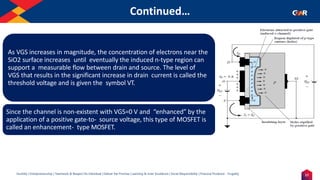 17
Humility | Entrepreneurship | Teamwork & Respect for Individual | Deliver the Promise | Learning & Inner Excellence | Social Responsibility | Financial Prudence - Frugality
Continued…
Indentify the Image
As VGS increases in magnitude, the concentration of electrons near the
SiO2 surface increases until eventually the induced n-type region can
support a measurable flow between drain and source. The level of
VGS that results in the significant increase in drain current is called the
threshold voltage and is given the symbol VT.
Since the channel is non-existent with VGS=0 V and “enhanced” by the
application of a positive gate-to- source voltage, this type of MOSFET is
called an enhancement- type MOSFET.
 