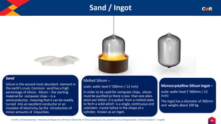 24
Humility | Entrepreneurship | Teamwork & Respect for Individual | Deliver the Promise | Learning & Inner Excellence | Social Responsibility | Financial Prudence - Frugality
Sand / Ingot
Indentify the Image
Sand
Silicon is the second most abundant element in
the earth's crust. Common sand has a high
percentage of silicon. Silicon – the starting
material for computer chips – is a
semiconductor, meaning that it can be readily
turned into an excellent conductor or an
insulator of electricity, by the introduction of
minor amounts of impurities.
Melted Silicon –
scale: wafer level (~300mm / 12 inch)
In order to be used for computer chips, silicon
must be purified so there is less than one alien
atom per billion. It is pulled from a melted state
to form a solid which is a single, continuous and
unbroken crystal lattice in the shape of a
cylinder, known as an ingot.
Monocrystalline Silicon Ingot –
scale: wafer level (~300mm / 12
inch)
The ingot has a diameter of 300mm
and weighs about 100 kg.
 