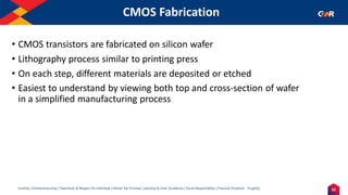 52
Humility | Entrepreneurship | Teamwork & Respect for Individual | Deliver the Promise | Learning & Inner Excellence | Social Responsibility | Financial Prudence - Frugality
CMOS Fabrication
• CMOS transistors are fabricated on silicon wafer
• Lithography process similar to printing press
• On each step, different materials are deposited or etched
• Easiest to understand by viewing both top and cross-section of wafer
in a simplified manufacturing process
 