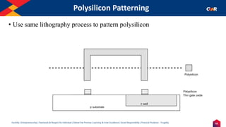 65
Humility | Entrepreneurship | Teamwork & Respect for Individual | Deliver the Promise | Learning & Inner Excellence | Social Responsibility | Financial Prudence - Frugality
Polysilicon Patterning
• Use same lithography process to pattern polysilicon
Polysilicon
p substrate
Thin gate oxide
Polysilicon
n well
 