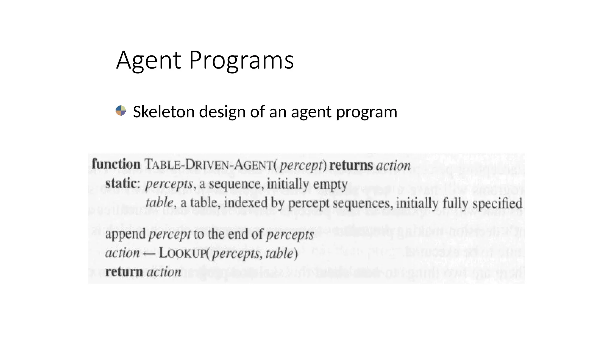 Agent Programs
Skeleton design of an agent program
 