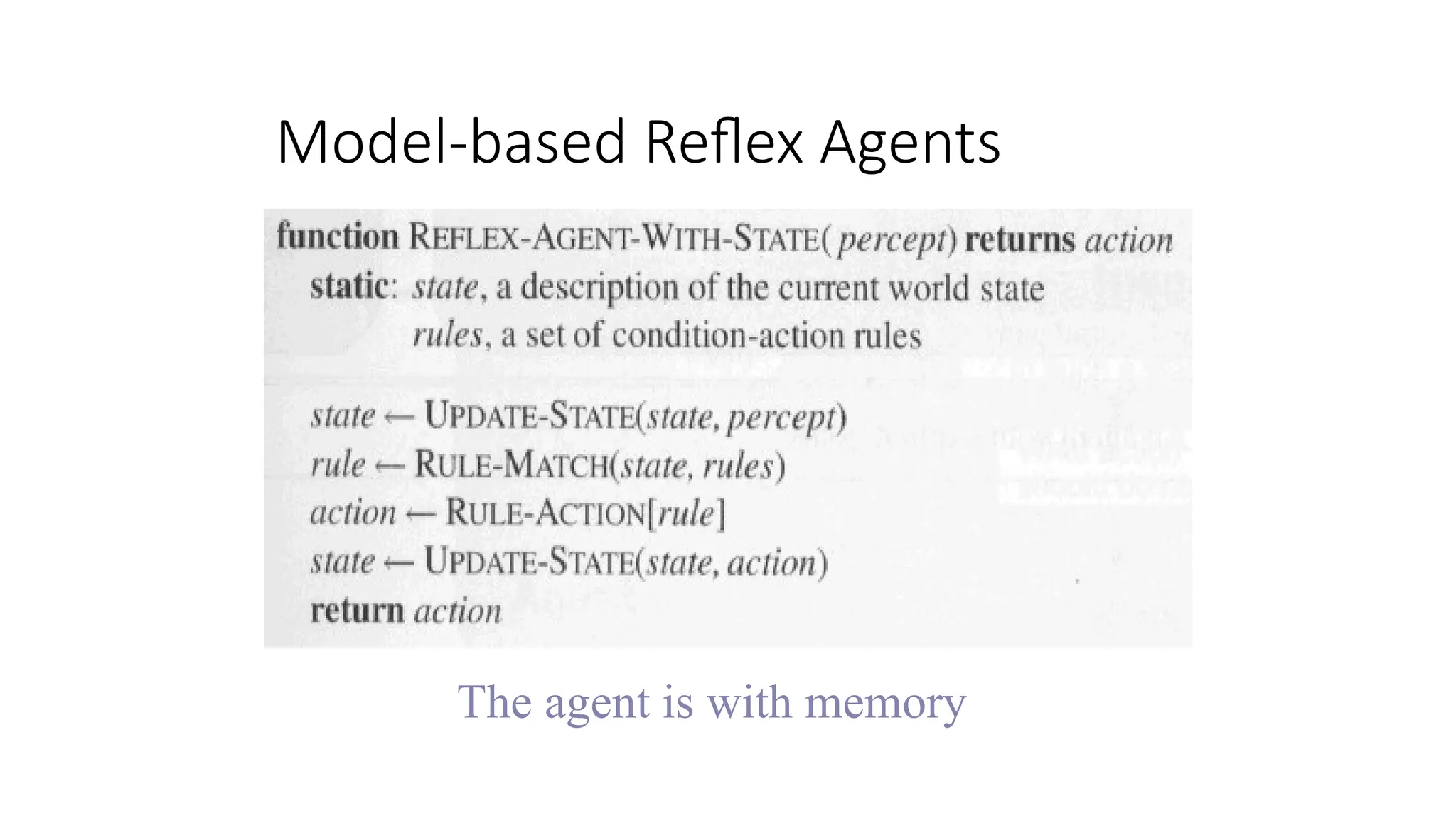 Model-based Reflex Agents
The agent is with memory
 