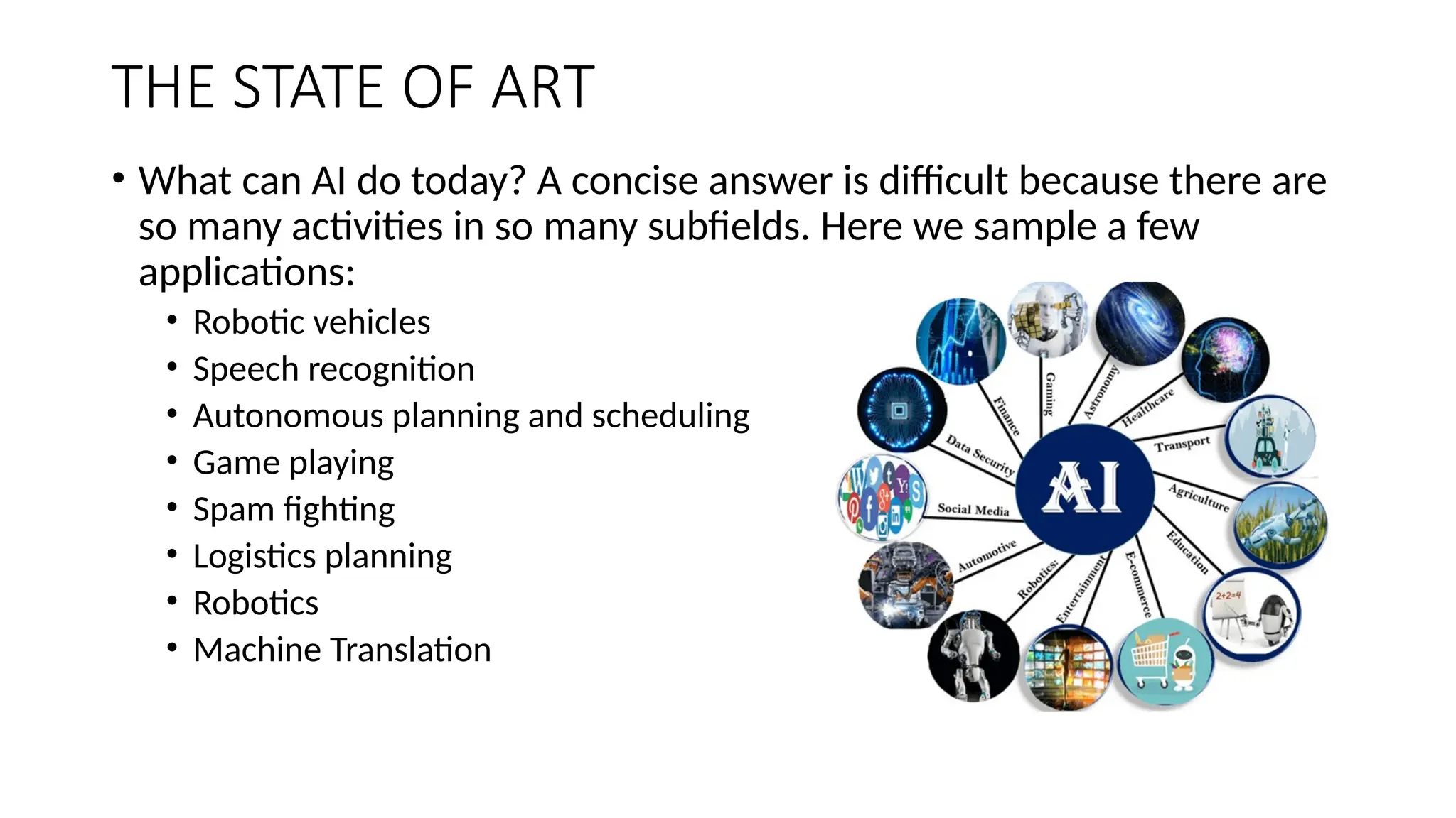 THE STATE OF ART
• What can AI do today? A concise answer is difficult because there are
so many activities in so many subfields. Here we sample a few
applications:
• Robotic vehicles
• Speech recognition
• Autonomous planning and scheduling
• Game playing
• Spam fighting
• Logistics planning
• Robotics
• Machine Translation
 