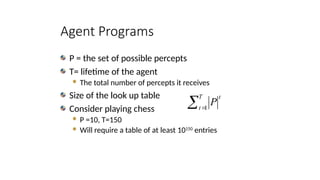Agent Programs
P = the set of possible percepts
T= lifetime of the agent
 The total number of percepts it receives
Size of the look up table
Consider playing chess
 P =10, T=150
 Will require a table of at least 10150
entries
 
T
t
t
P
1
 