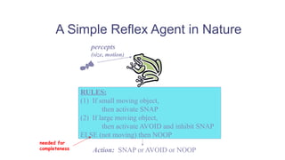 A Simple Reflex Agent in Nature
percepts
(size, motion)
RULES:
(1) If small moving object,
then activate SNAP
(2) If large moving object,
then activate AVOID and inhibit SNAP
ELSE (not moving) then NOOP
Action: SNAP or AVOID or NOOP
needed for
completeness
 
