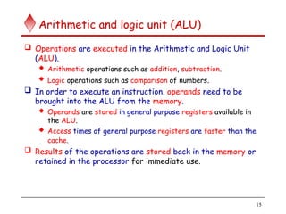 15
Arithmetic and logic unit (ALU)
 Operations are executed in the Arithmetic and Logic Unit
(ALU).
 Arithmetic operations such as addition, subtraction.
 Logic operations such as comparison of numbers.
 In order to execute an instruction, operands need to be
brought into the ALU from the memory.
 Operands are stored in general purpose registers available in
the ALU.
 Access times of general purpose registers are faster than the
cache.
 Results of the operations are stored back in the memory or
retained in the processor for immediate use.
 