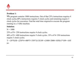 Problem 1:
A program contains 1000 instructions. Out of that 25% instructions requires 4
clock cycles,40% instructions requires 5 clock cycles and remaining require 3
clock cycles for execution. Find the total time required to execute the program
running in a 1 GHz machine.
Solution:
N = 1000
25% of N= 250 instructions require 4 clock cycles.
40% of N =400 instructions require 5 clock cycles. 35% of N=350 instructions
require 3 clock cycles.
T = (N*S)/R= (250*4+400*5+350*3)/1X109 =(1000+2000+1050)/1*109= 4.05
μs.
41
 