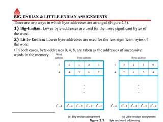 BIG-ENDIAN & LITTLE-ENDIAN ASSIGNMENTS
There are two ways in which byte-addresses are arranged (Figure 2.3).
1) Big-Endian: Lower byte-addresses are used for the more significant bytes of
the word.
2) Little-Endian: Lower byte-addresses are used for the less significant bytes of
the word
• In both cases, byte-addresses 0, 4, 8. are taken as the addresses of successive
words in the memory.
53
 