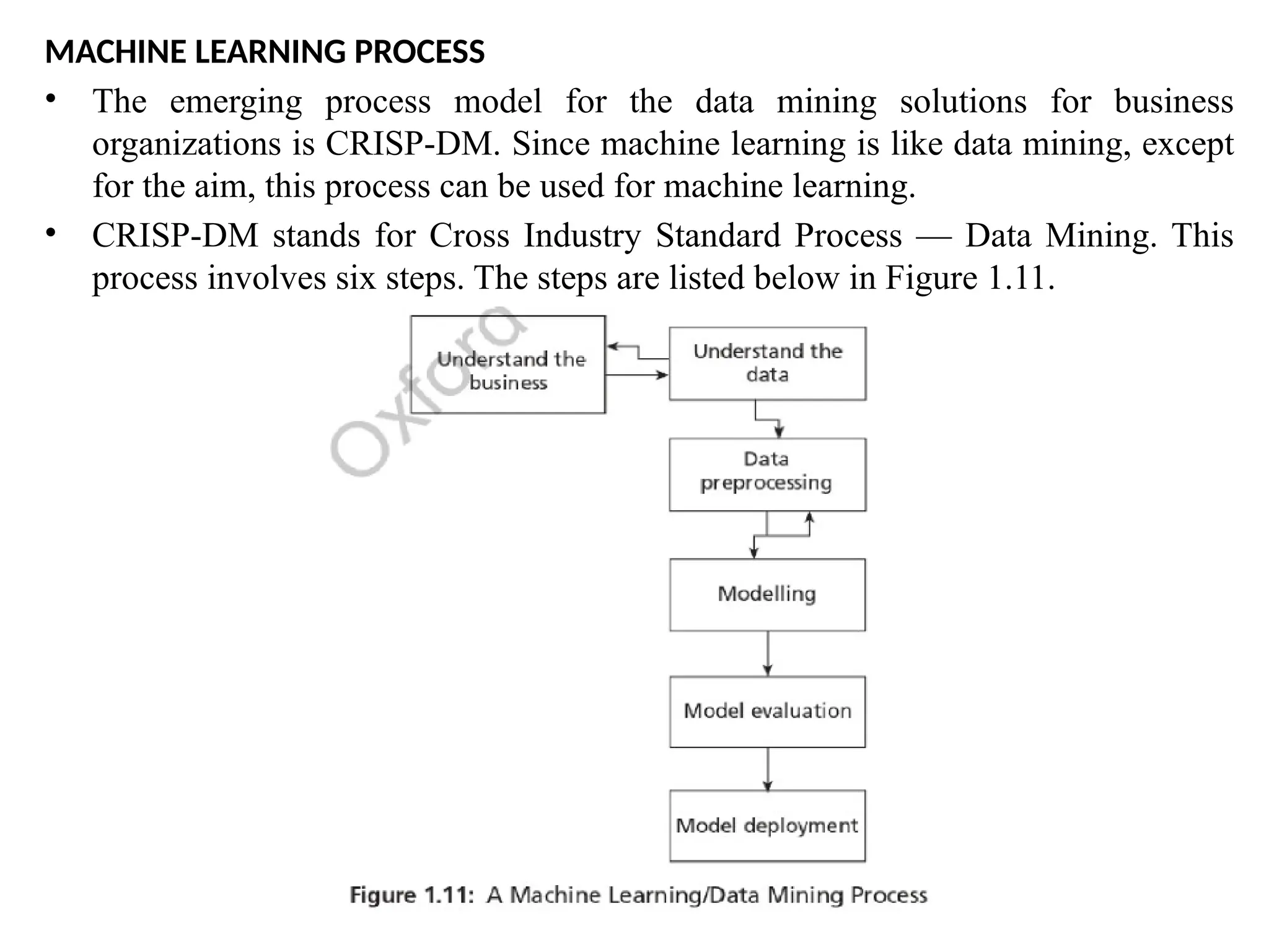 MACHINE LEARNING PROCESS
• The emerging process model for the data mining solutions for business
organizations is CRISP-DM. Since machine learning is like data mining, except
for the aim, this process can be used for machine learning.
• CRISP-DM stands for Cross Industry Standard Process — Data Mining. This
process involves six steps. The steps are listed below in Figure 1.11.
 