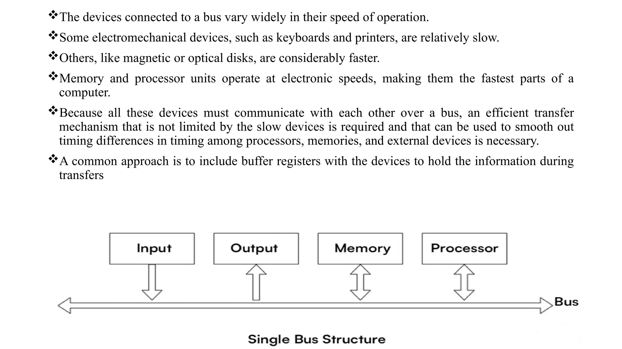 The devices connected to a bus vary widely in their speed of operation.
Some electromechanical devices, such as keyboards and printers, are relatively slow.
Others, like magnetic or optical disks, are considerably faster.
Memory and processor units operate at electronic speeds, making them the fastest parts of a
computer.
Because all these devices must communicate with each other over a bus, an efficient transfer
mechanism that is not limited by the slow devices is required and that can be used to smooth out
timing differences in timing among processors, memories, and external devices is necessary.
A common approach is to include buffer registers with the devices to hold the information during
transfers
 