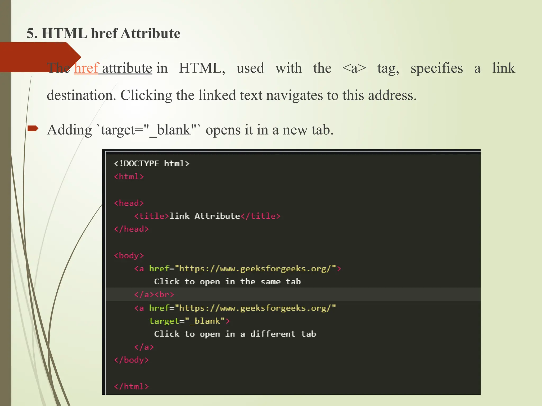 5. HTML href Attribute
 The href attribute in HTML, used with the <a> tag, specifies a link
destination. Clicking the linked text navigates to this address.
 Adding `target="_blank"` opens it in a new tab.
 