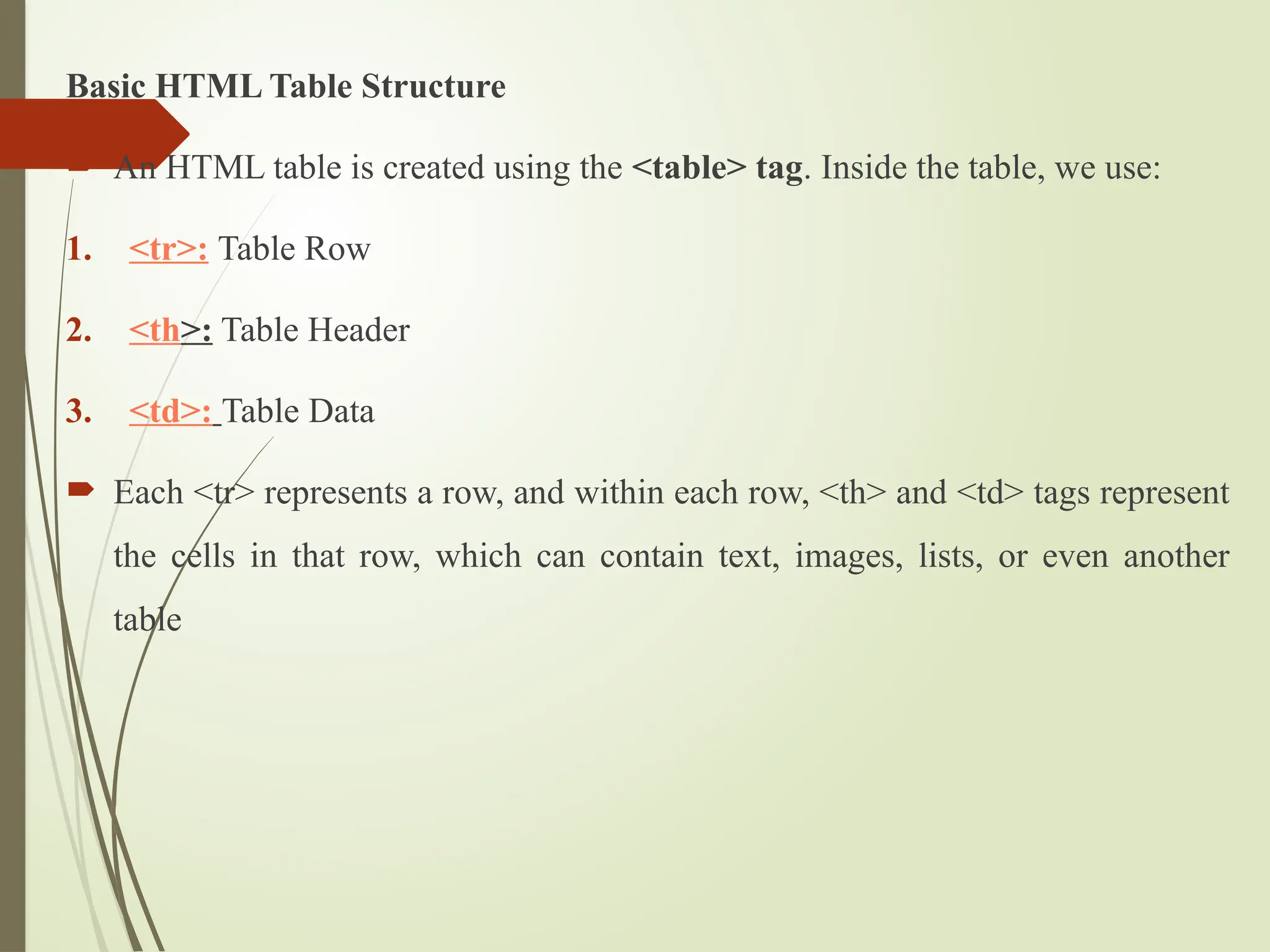Basic HTML Table Structure
 An HTML table is created using the <table> tag. Inside the table, we use:
1. <tr>: Table Row
2. <th>: Table Header
3. <td>: Table Data
 Each <tr> represents a row, and within each row, <th> and <td> tags represent
the cells in that row, which can contain text, images, lists, or even another
table
 