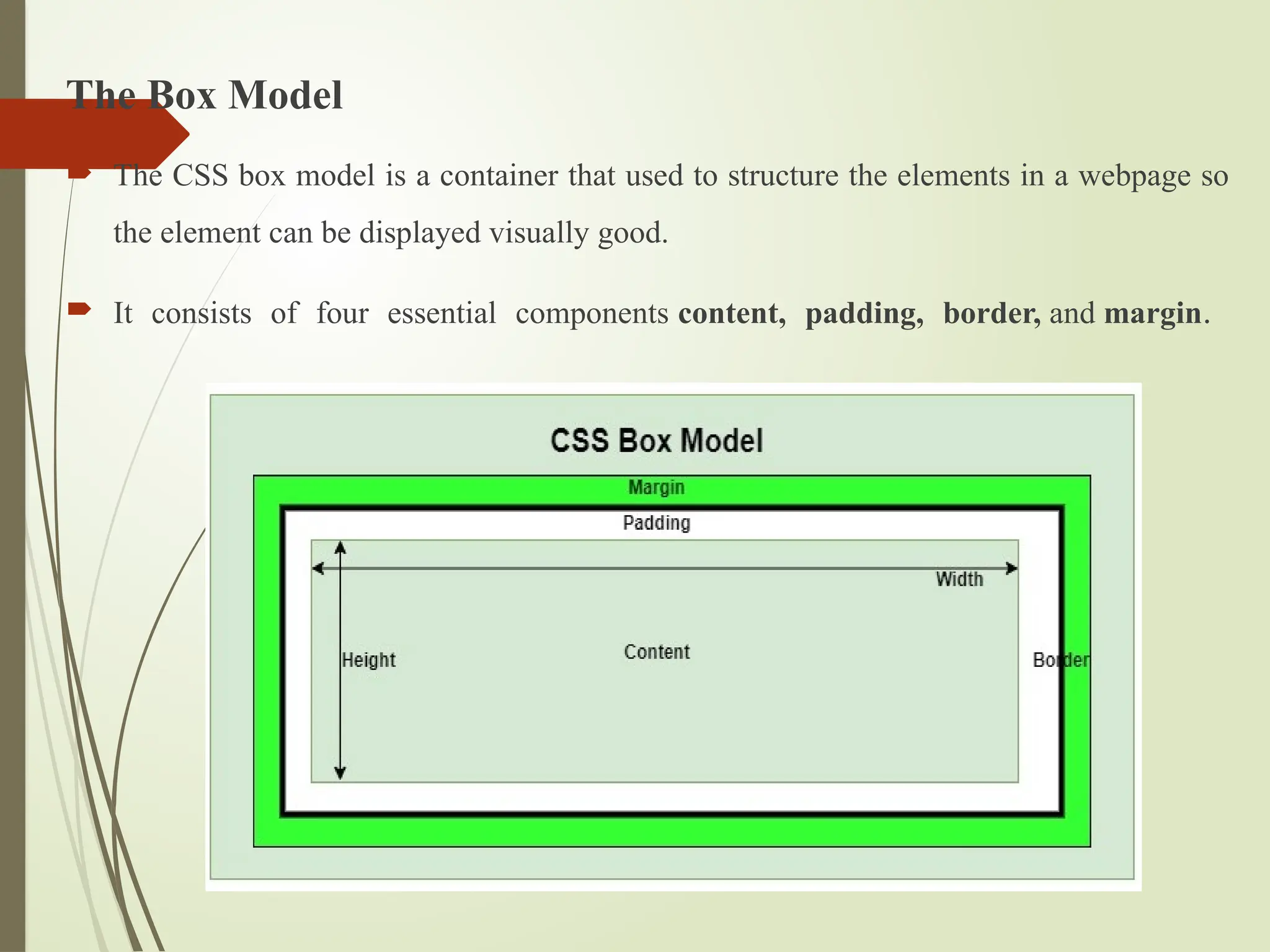 The Box Model
 The CSS box model is a container that used to structure the elements in a webpage so
the element can be displayed visually good.
 It consists of four essential components content, padding, border, and margin.
 