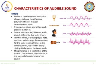 AR. MANISH KUMAR AXIS SCHOOL OF ARCHITECTURE 6
TIMBRE
• Timbre is the element of music that
allow us to know the difference
between different musical
instruments or voice.
• A trumpet, a piano, and a flute each
produce a pitch of.
• On the musical scale, however, each
sounds differently due to its timbre.
• In other words, if a flute plays a note,
and then a violin plays the same note,
for the same length of time, at the
same loudness, we can still easily
distinguish between the two sounds.
• This difference is in the timbre of the
sounds. This is due to the variation in
the spectral characteristics of the
sound.
CHARACTERISTICS OF AUDIBLE SOUND
 