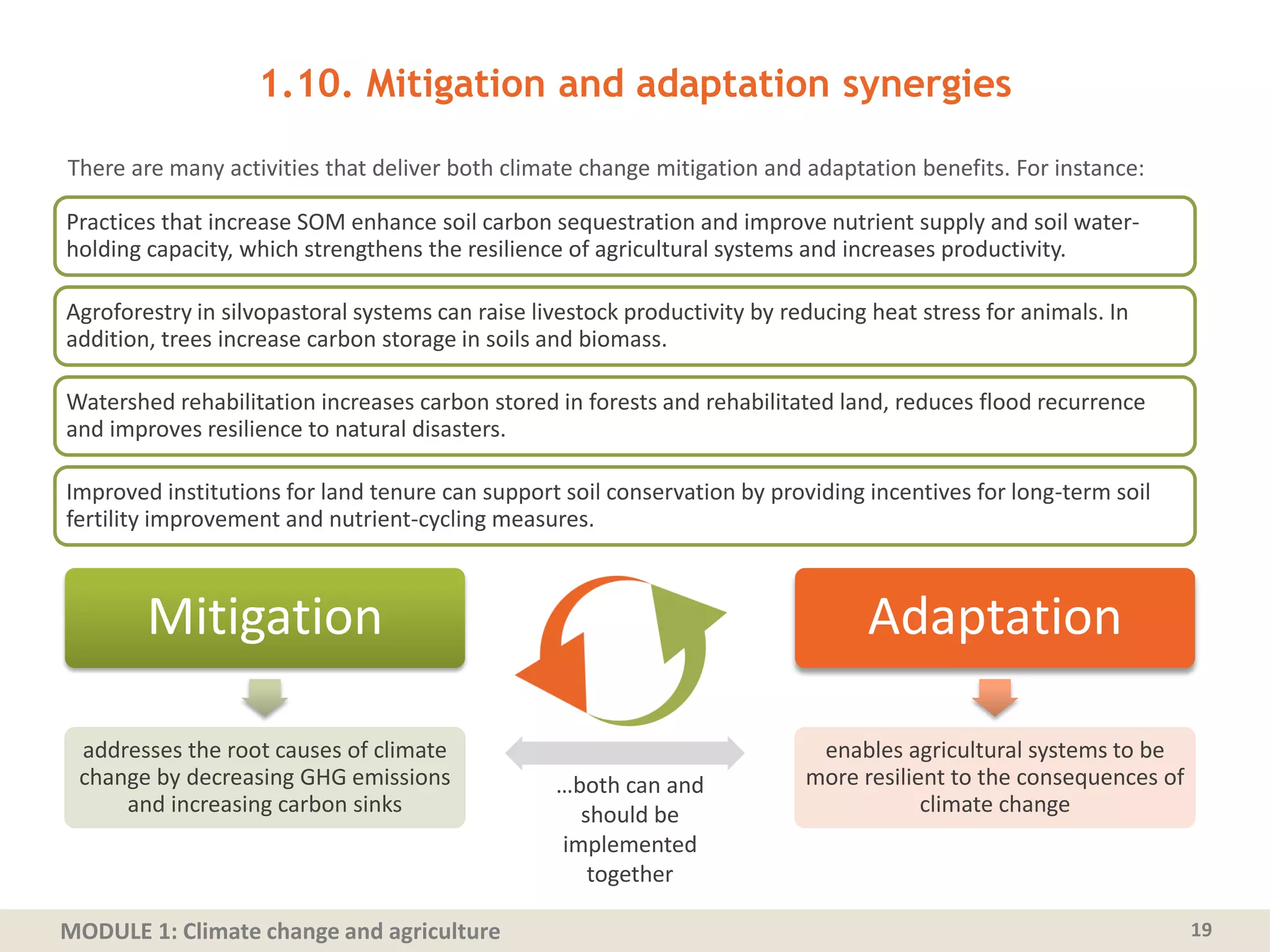 MODULE 1: Climate change and agriculture
There are many activities that deliver both climate change mitigation and adaptation benefits. For instance:
…both can and
should be
implemented
together
Mitigation
addresses the root causes of climate
change by decreasing GHG emissions
and increasing carbon sinks
Adaptation
enables agricultural systems to be
more resilient to the consequences of
climate change
19
1.10. Mitigation and adaptation synergies
Practices that increase SOM enhance soil carbon sequestration and improve nutrient supply and soil water-
holding capacity, which strengthens the resilience of agricultural systems and increases productivity.
Agroforestry in silvopastoral systems can raise livestock productivity by reducing heat stress for animals. In
addition, trees increase carbon storage in soils and biomass.
Watershed rehabilitation increases carbon stored in forests and rehabilitated land, reduces flood recurrence
and improves resilience to natural disasters.
Improved institutions for land tenure can support soil conservation by providing incentives for long-term soil
fertility improvement and nutrient-cycling measures.
 