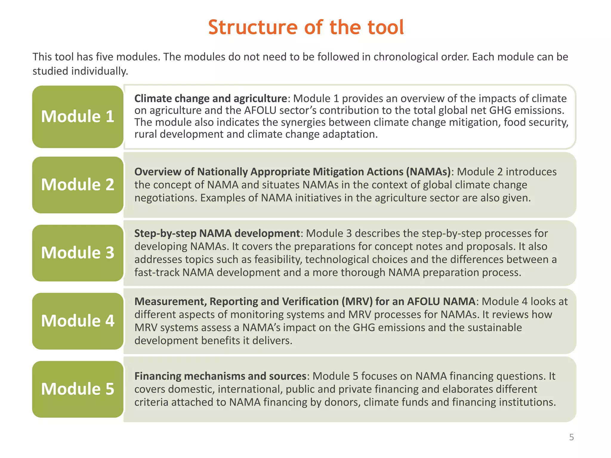 Structure of the tool
5
This tool has five modules. The modules do not need to be followed in chronological order. Each module can be
studied individually.
•Climate change and agriculture: Module 1 provides an overview of the impacts of climate
on agriculture and the AFOLU sector’s contribution to the total global net GHG emissions.
The module also indicates the synergies between climate change mitigation, food security,
rural development and climate change adaptation.
Module 1
•Overview of Nationally Appropriate Mitigation Actions (NAMAs): Module 2 introduces
the concept of NAMA and situates NAMAs in the context of global climate change
negotiations. Examples of NAMA initiatives in the agriculture sector are also given.
Module 2
•Step-by-step NAMA development: Module 3 describes the step-by-step processes for
developing NAMAs. It covers the preparations for concept notes and proposals. It also
addresses topics such as feasibility, technological choices and the differences between a
fast-track NAMA development and a more thorough NAMA preparation process.
Module 3
•Measurement, Reporting and Verification (MRV) for an AFOLU NAMA: Module 4 looks at
different aspects of monitoring systems and MRV processes for NAMAs. It reviews how
MRV systems assess a NAMA’s impact on the GHG emissions and the sustainable
development benefits it delivers.
Module 4
•Financing mechanisms and sources: Module 5 focuses on NAMA financing questions. It
covers domestic, international, public and private financing and elaborates different
criteria attached to NAMA financing by donors, climate funds and financing institutions.
Module 5
 