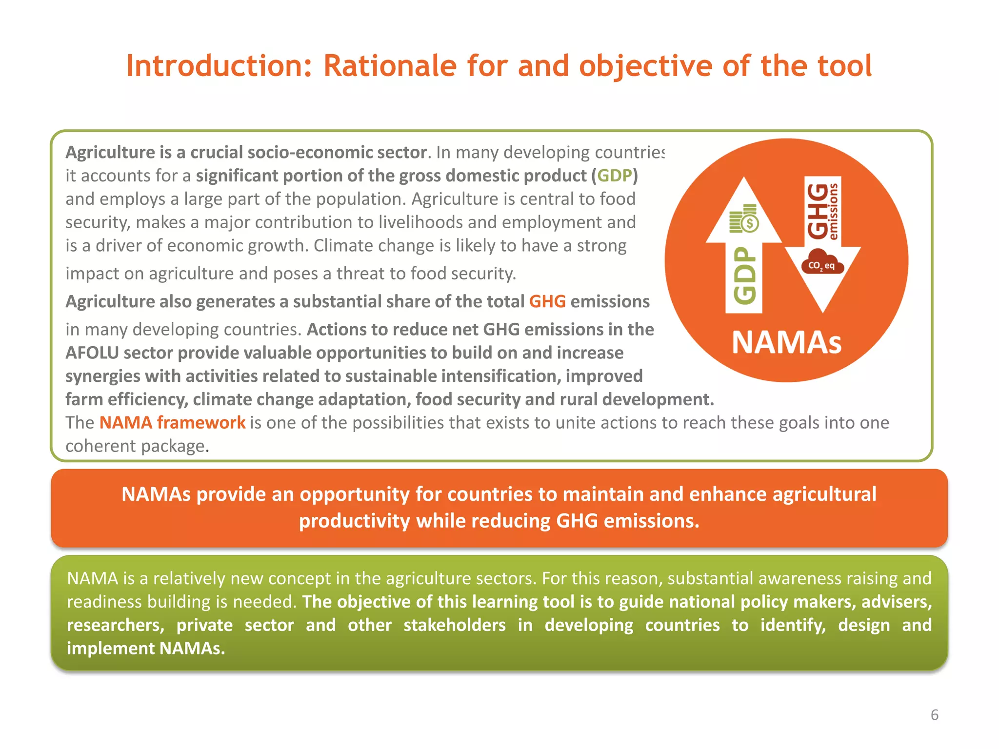 Agriculture is a crucial socio-economic sector. In many developing countries,
it accounts for a significant portion of the gross domestic product (GDP)
and employs a large part of the population. Agriculture is central to food
security, makes a major contribution to livelihoods and employment and
is a driver of economic growth. Climate change is likely to have a strong
impact on agriculture and poses a threat to food security.
Agriculture also generates a substantial share of the total GHG emissions
in many developing countries. Actions to reduce net GHG emissions in the
AFOLU sector provide valuable opportunities to build on and increase
synergies with activities related to sustainable intensification, improved
farm efficiency, climate change adaptation, food security and rural development.
The NAMA framework is one of the possibilities that exists to unite actions to reach these goals into one
coherent package.
Introduction: Rationale for and objective of the tool
6
NAMAs provide an opportunity for countries to maintain and enhance agricultural
productivity while reducing GHG emissions.
NAMA is a relatively new concept in the agriculture sectors. For this reason, substantial awareness raising and
readiness building is needed. The objective of this learning tool is to guide national policy makers, advisers,
researchers, private sector and other stakeholders in developing countries to identify, design and
implement NAMAs.
 