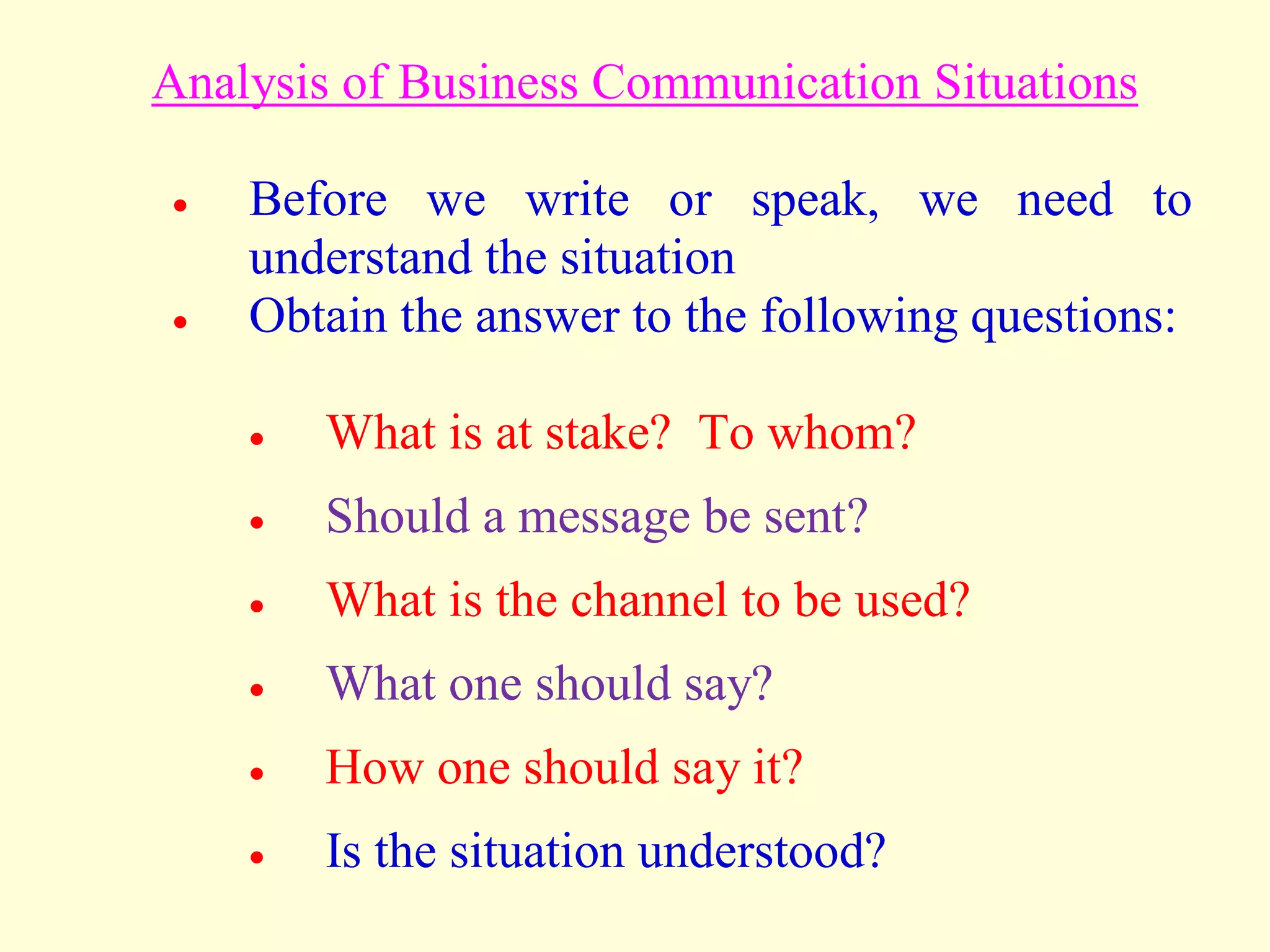 Analysis of Business Communication Situations
 Before we write or speak, we need to
understand the situation
 Obtain the answer to the following questions:
 What is at stake? To whom?
 Should a message be sent?
 What is the channel to be used?
 What one should say?
 How one should say it?
 Is the situation understood?
 