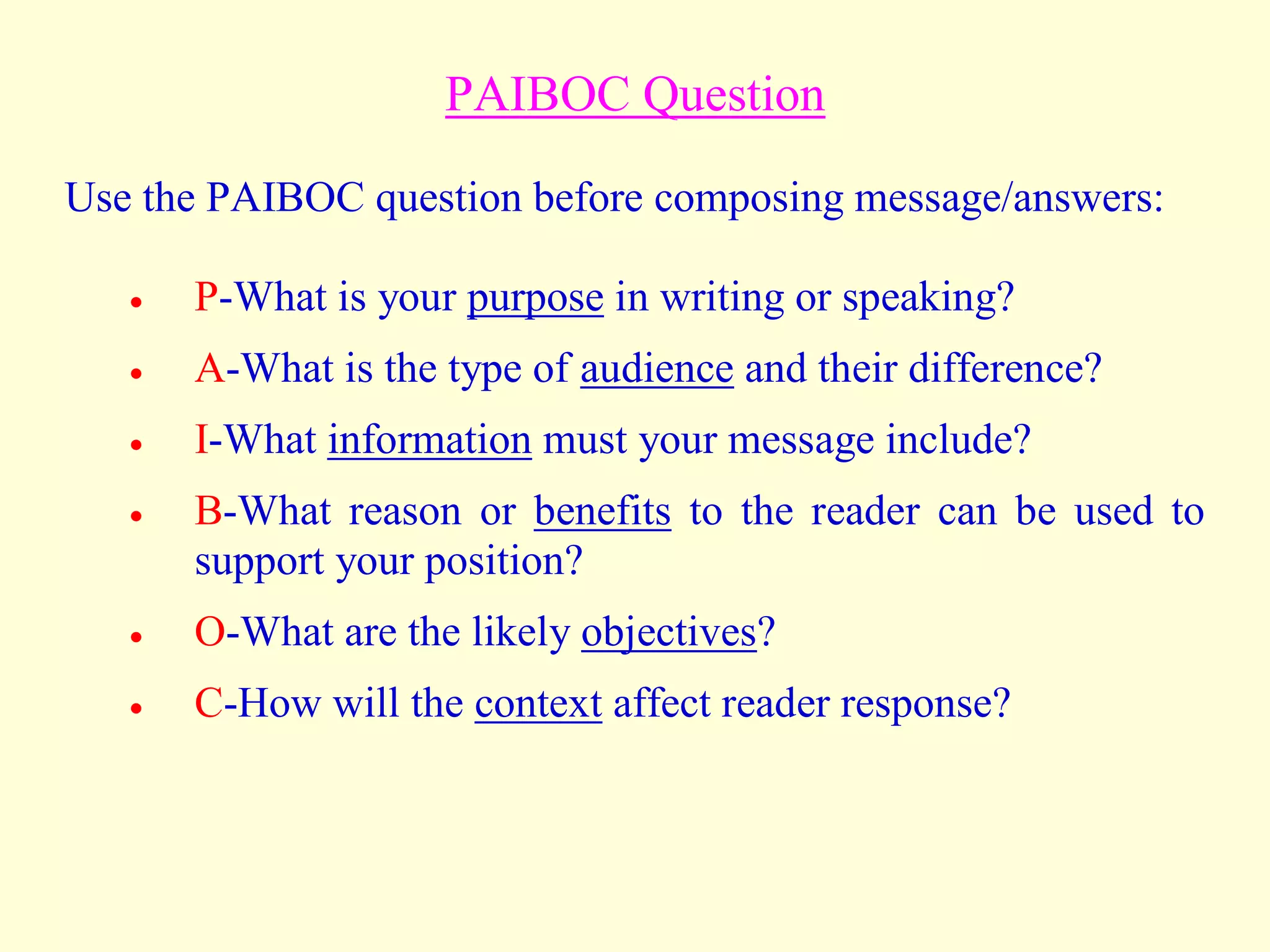 PAIBOC Question
Use the PAIBOC question before composing message/answers:
 P-What is your purpose in writing or speaking?
 A-What is the type of audience and their difference?
 I-What information must your message include?
 B-What reason or benefits to the reader can be used to
support your position?
 O-What are the likely objectives?
 C-How will the context affect reader response?
 
