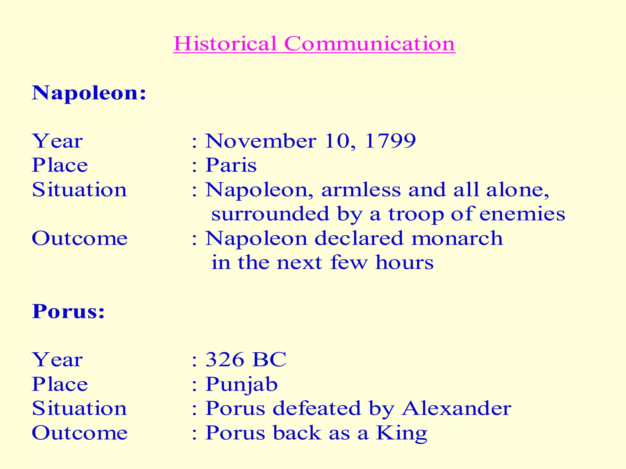 Historical Communication
Napoleon:
Year : November 10, 1799
Place : Paris
Situation : Napoleon, armless and all alone,
surrounded by a troop of enemies
Outcome : Napoleon declared monarch
in the next few hours
Porus:
Year : 326 BC
Place : Punjab
Situation : Porus defeated by Alexander
Outcome : Porus back as a King
 