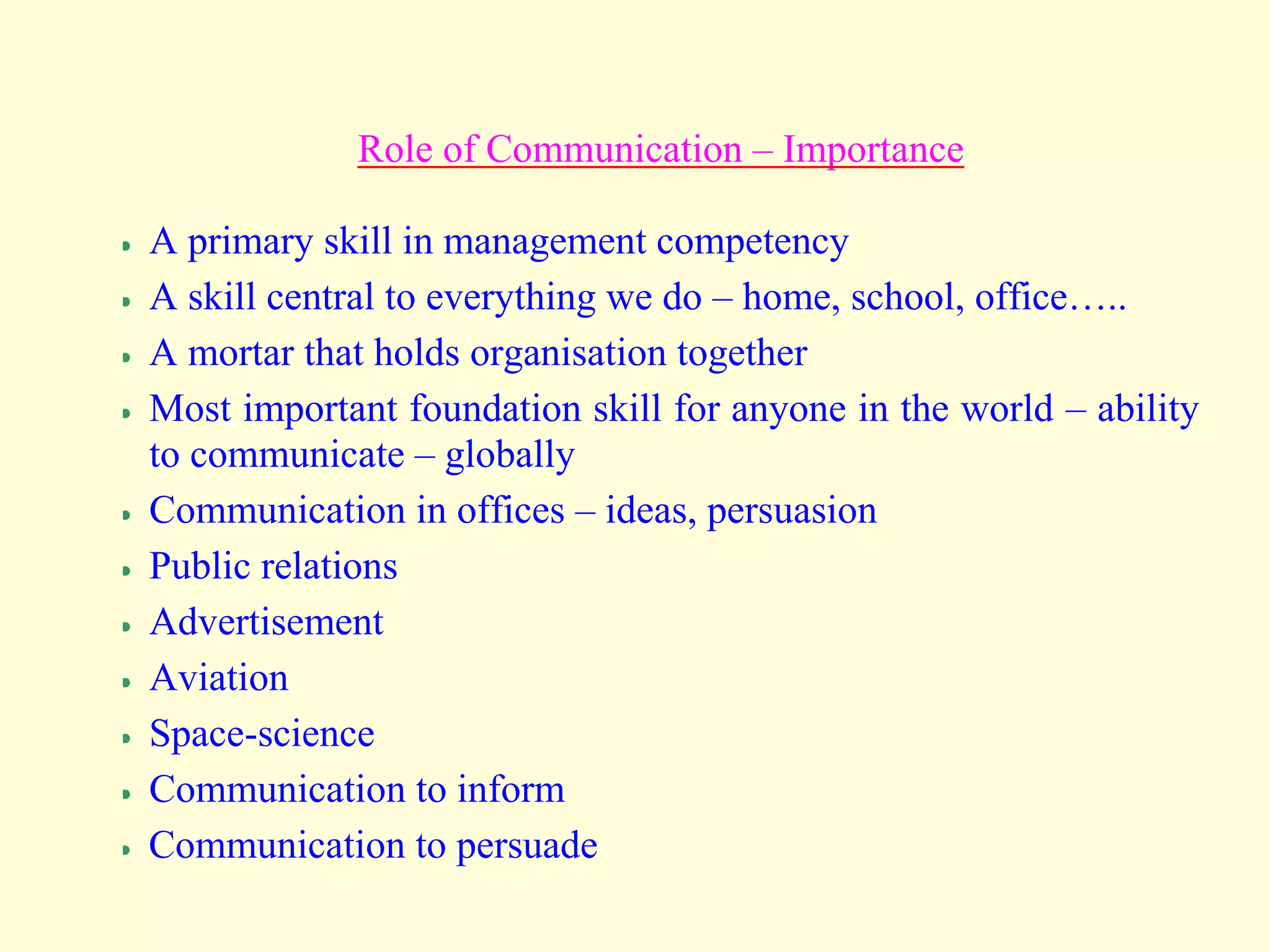 Role of Communication – Importance
 A primary skill in management competency
 A skill central to everything we do – home, school, office…..
 A mortar that holds organisation together
 Most important foundation skill for anyone in the world – ability
to communicate – globally
 Communication in offices – ideas, persuasion
 Public relations
 Advertisement
 Aviation
 Space-science
 Communication to inform
 Communication to persuade
 