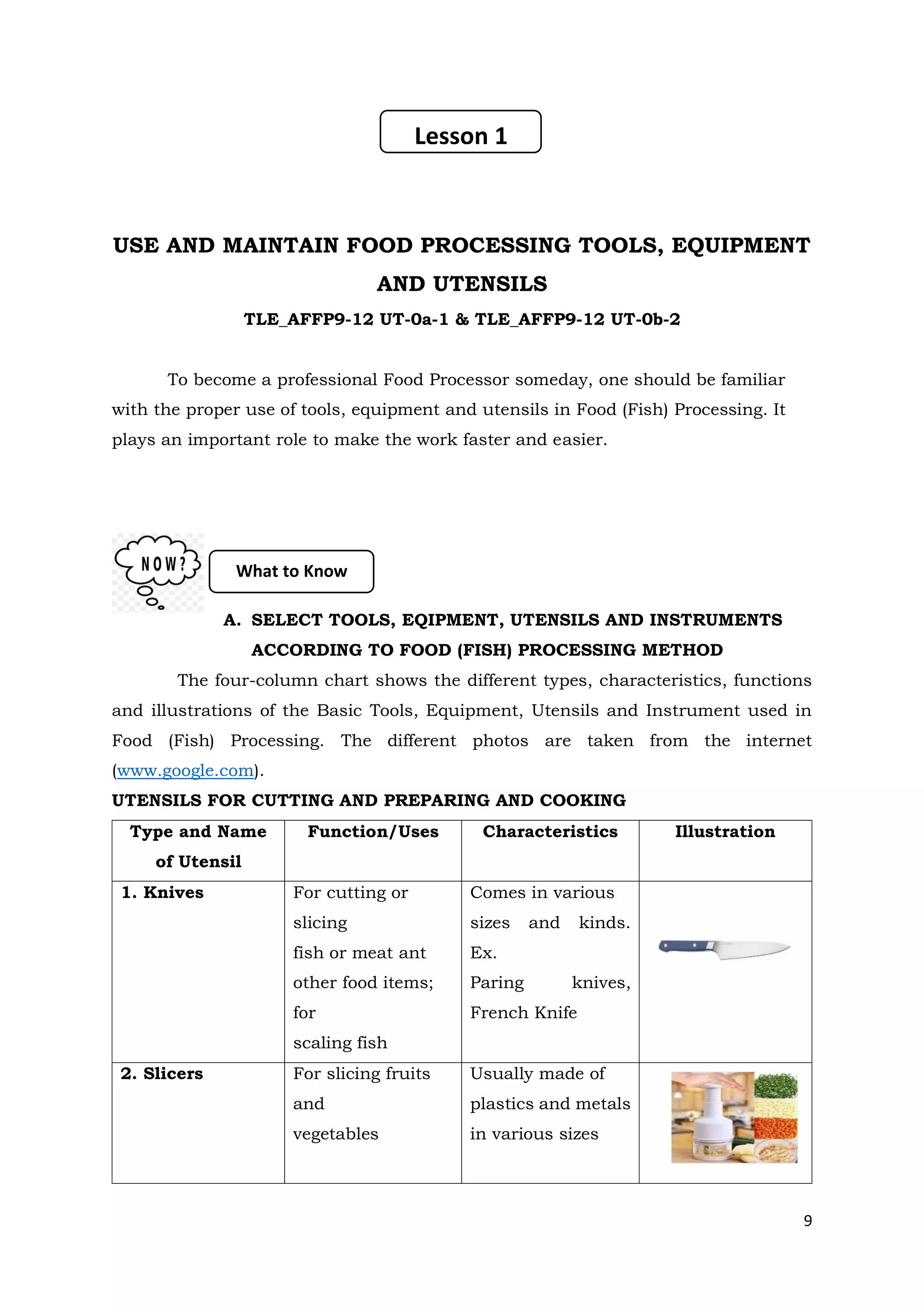 9
Lesson 1
USE AND MAINTAIN FOOD PROCESSING TOOLS, EQUIPMENT
AND UTENSILS
TLE_AFFP9-12 UT-0a-1 & TLE_AFFP9-12 UT-0b-2
To become a professional Food Processor someday, one should be familiar
with the proper use of tools, equipment and utensils in Food (Fish) Processing. It
plays an important role to make the work faster and easier.
A. SELECT TOOLS, EQIPMENT, UTENSILS AND INSTRUMENTS
ACCORDING TO FOOD (FISH) PROCESSING METHOD
The four-column chart shows the different types, characteristics, functions
and illustrations of the Basic Tools, Equipment, Utensils and Instrument used in
Food (Fish) Processing. The different photos are taken from the internet
(www.google.com).
UTENSILS FOR CUTTING AND PREPARING AND COOKING
Type and Name
of Utensil
Function/Uses Characteristics Illustration
1. Knives For cutting or
slicing
fish or meat ant
other food items;
for
scaling fish
Comes in various
sizes and kinds.
Ex.
Paring knives,
French Knife
2. Slicers For slicing fruits
and
vegetables
Usually made of
plastics and metals
in various sizes
What to Know
 