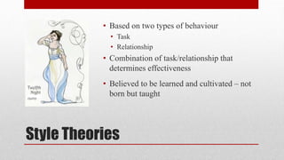 Style Theories
• Based on two types of behaviour
• Task
• Relationship
• Combination of task/relationship that
determines effectiveness
• Believed to be learned and cultivated – not
born but taught
 