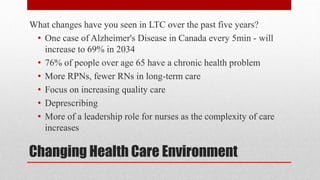 Changing Health Care Environment
What changes have you seen in LTC over the past five years?
• One case of Alzheimer's Disease in Canada every 5min - will
increase to 69% in 2034
• 76% of people over age 65 have a chronic health problem
• More RPNs, fewer RNs in long-term care
• Focus on increasing quality care
• Deprescribing
• More of a leadership role for nurses as the complexity of care
increases
 