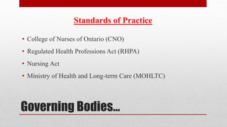 Governing Bodies…
Standards of Practice
• College of Nurses of Ontario (CNO)
• Regulated Health Professions Act (RHPA)
• Nursing Act
• Ministry of Health and Long-term Care (MOHLTC)
 