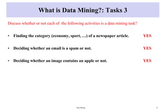 What is Data Mining?: Tasks 3
Discuss whether or not each of the following activities is a data mining task?
• Finding the category (economy, sport, …) of a newspaper article. YES
• Deciding whether an email is a spam or not. YES
• Deciding whether an image contains an apple or not. YES
Data Mining 12
 