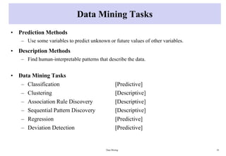 Data Mining Tasks
• Prediction Methods
– Use some variables to predict unknown or future values of other variables.
• Description Methods
– Find human-interpretable patterns that describe the data.
• Data Mining Tasks
– Classification [Predictive]
– Clustering [Descriptive]
– Association Rule Discovery [Descriptive]
– Sequential Pattern Discovery [Descriptive]
– Regression [Predictive]
– Deviation Detection [Predictive]
Data Mining 18
 