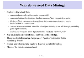 Why do we need Data Mining?
• Explosive Growth of Data
– Amount of data collected increasing exponentially
– Automated data collection tools, database systems, Web, computerized society
– Business: Web, e-commerce, transactions, stocks, purchases at grocery stores,
Bank/Credit Card transactions
– Science: remote sensors on a satellite, telescopes scanning skies, microarrays generating
gene expression data,
– Society and everyone: news, digital cameras, YouTube. Facebook, web
• We have mass amount of data, but we need knowledge.
• There is often information (knowledge) “hidden” in the data that is
not readily evident
• Human analysts may take weeks to discover useful information,
• Much of the data is never analyzed
Data Mining 3
 