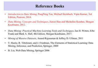 Reference Books
• Introduction to Data Mining, PangNing Tan, Michael Steinbach, Vipin Kumar, 3rd
Edition, Pearson, 2014.
• Data Mining: Concepts and Techniques, Jiawei Han and Micheline Kamber, Morgan
Kaufmann, 2012.
• Data Mining: Practical Machine Learning Tools and Techniques, Ian H. Witten, Eibe
Frank and Mark A. Hall, 4th Edition, Morgan Kaufmann, 2017.
• Mining of Massive Datasets, Anand Rajaraman & Jeffrey D. Ullman, 2011
• T. Hastie, R. Tibshirani, and J. Friedman, The Elements of Statistical Learning: Data
Mining, Inference, and Prediction, Springer, 2009
• B. Liu, Web Data Mining, Springer 2006
Data Mining 49
 