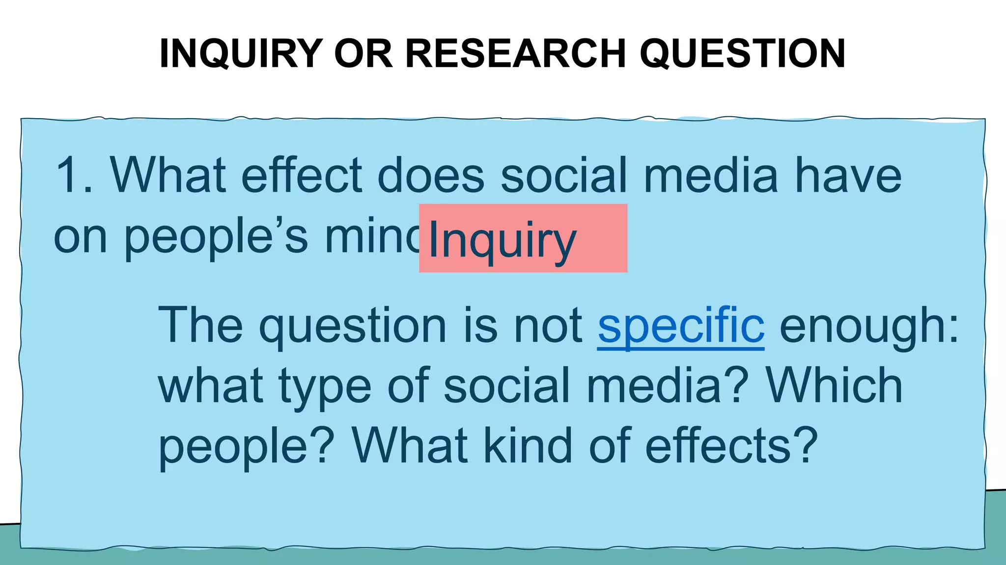 INQUIRY OR RESEARCH QUESTION
1. What effect does social media have
on people’s minds?
The question is not specific enough:
what type of social media? Which
people? What kind of effects?
Inquiry
 