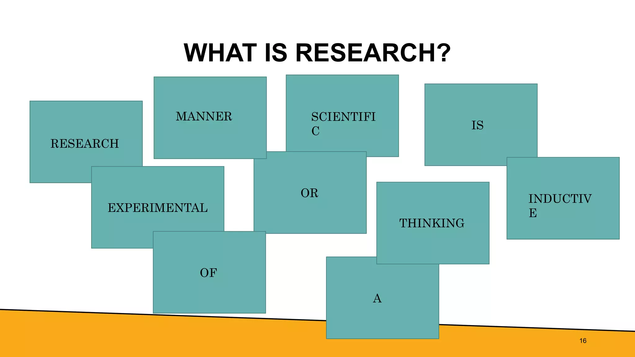 WHAT IS RESEARCH?
16
RESEARCH
IS
A
SCIENTIFI
C
EXPERIMENTAL
OR INDUCTIV
E
MANNER
OF
THINKING
 