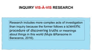 INQUIRY VIS-À-VIS RESEARCH
Research includes more complex acts of investigation
than inquiry because the former follows a scientific
procedure of discovering truths or meanings
about things in this world (Mujis &Ransome in
Baraceros, 2016).
 