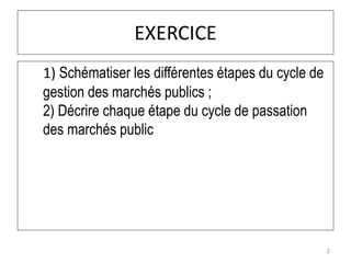 EXERCICE
1) Schématiser les différentes étapes du cycle de
gestion des marchés publics ;
2) Décrire chaque étape du cycle de passation
des marchés public
2
 