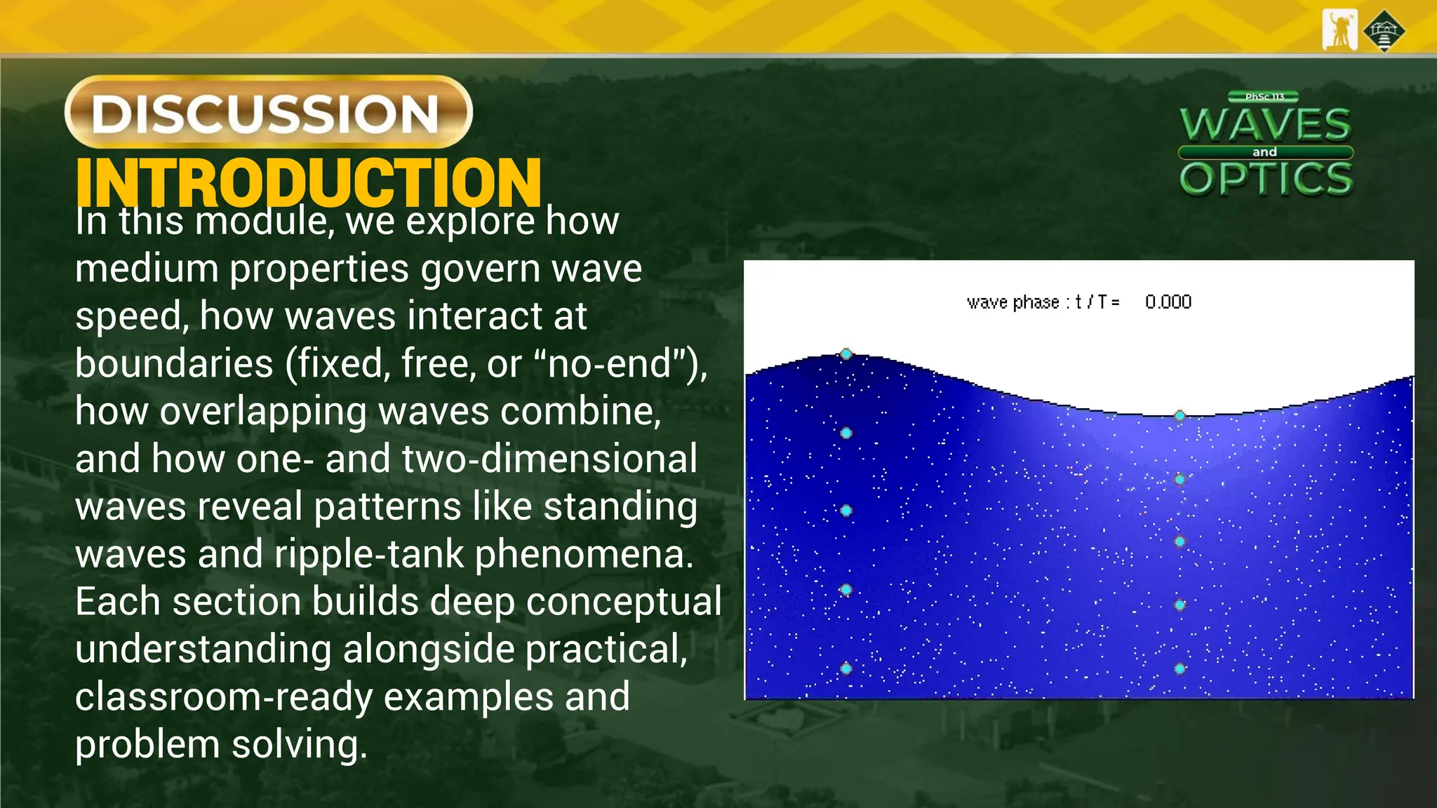In this module, we explore how
medium properties govern wave
speed, how waves interact at
boundaries (fixed, free, or “no‐end”),
how overlapping waves combine,
and how one‐ and two‐dimensional
waves reveal patterns like standing
waves and ripple‐tank phenomena.
Each section builds deep conceptual
understanding alongside practical,
classroom‐ready examples and
problem solving.
INTRODUCTION
 